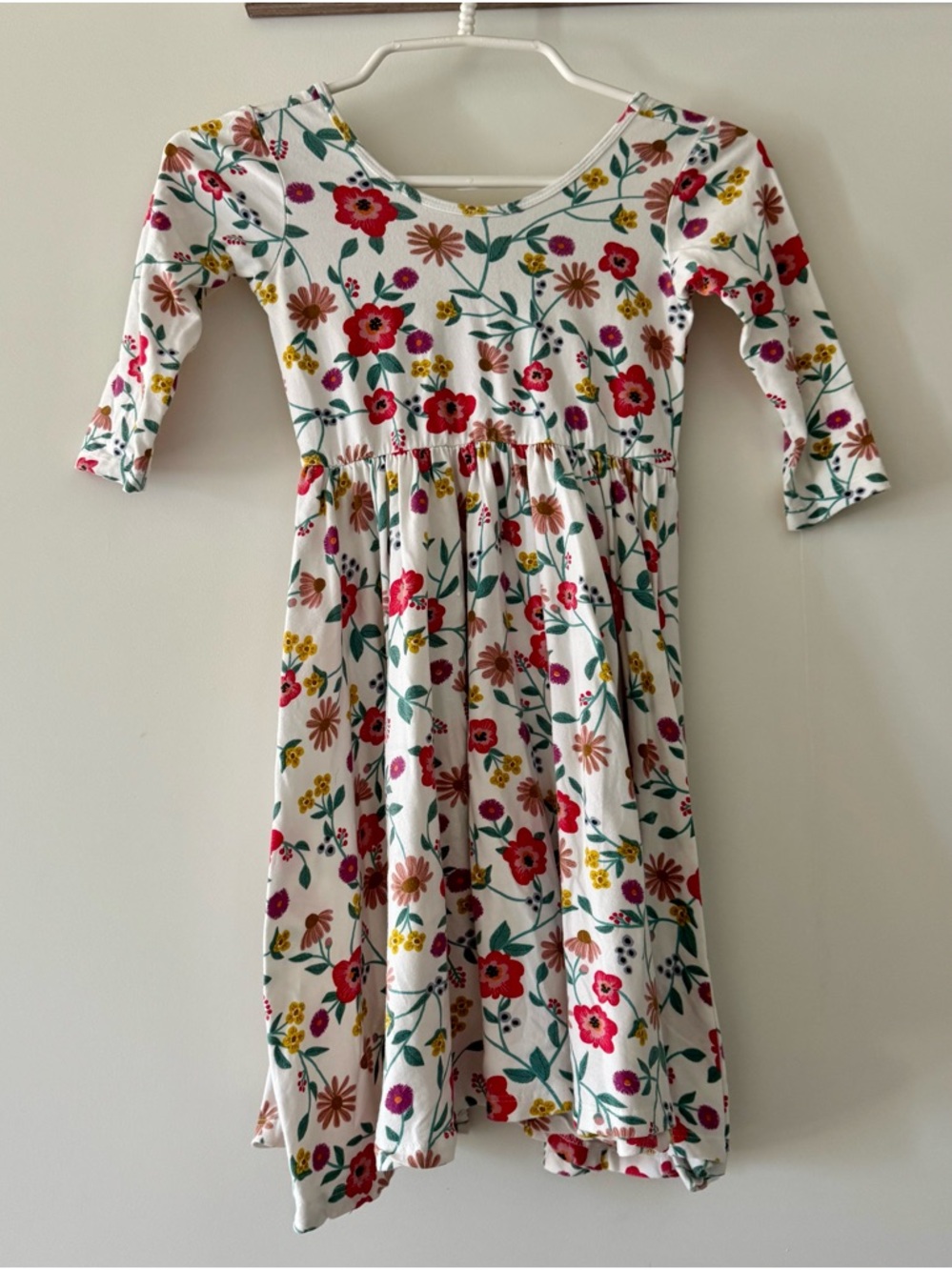 Girls' White Floral Long Sleeve Dress with Red & Yellow Flowers